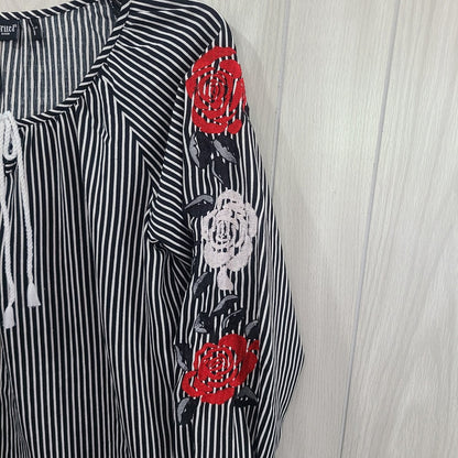 Cruel Denim Striped Tie Front Floral Embroidered Top