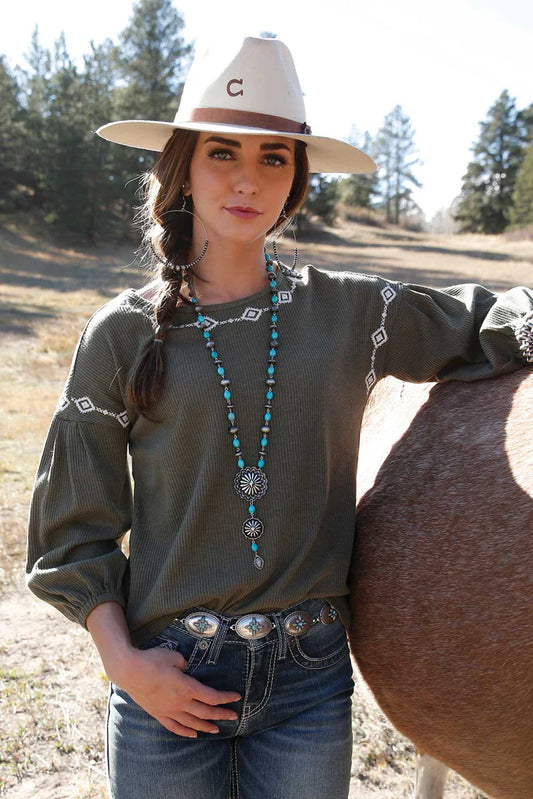 CRUEL WOMENS 3/4 SLEEVE OLIVE KNIT TOP