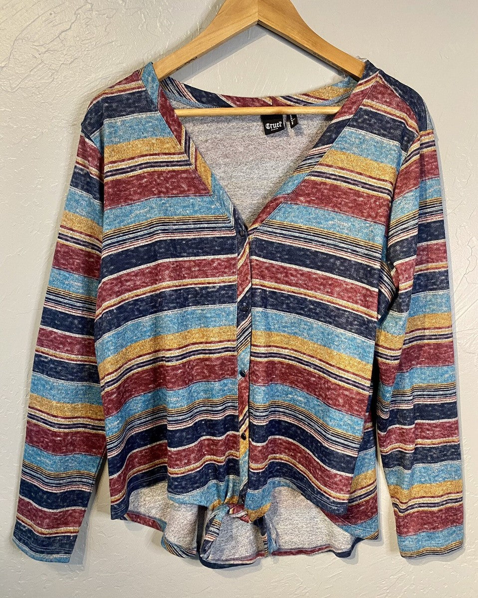 Cruel Denim Women's Long Sleeve Shirt Sweater Striped Buttons Tie