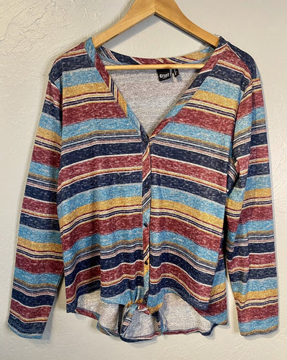 Cruel Denim Women's Long Sleeve Shirt Sweater Striped Buttons Tie