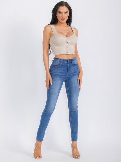Women’s Sleeveless Button Closure Suede Crop Top Beige