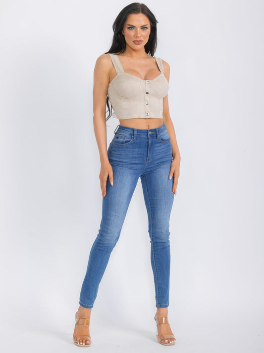 Women’s Sleeveless Button Closure Suede Crop Top Beige