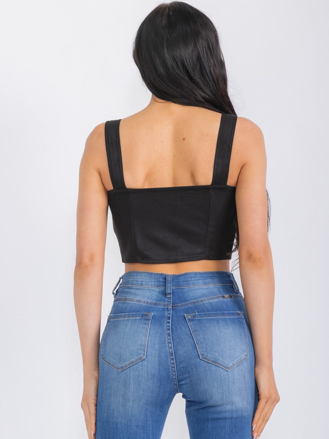 Women’s Sleeveless Button Closure Suede Crop Top Black