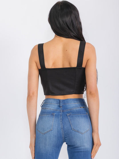 Women’s Sleeveless Button Closure Suede Crop Top Black