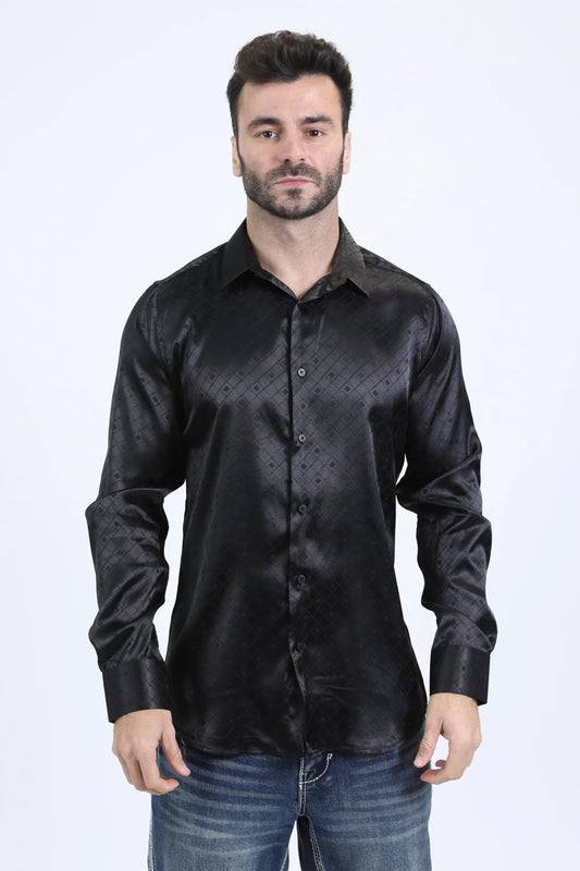 Platini Men’s Jacquard Fabric Print Modern Fit LS Black Shirt