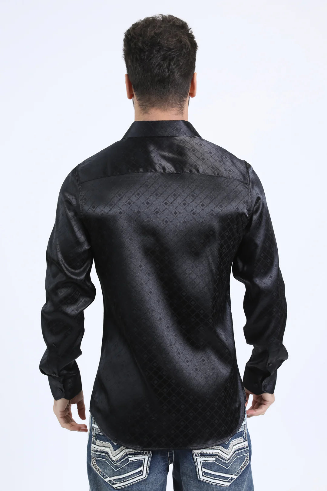 Platini Men’s Jacquard Fabric Print Modern Fit LS Black Shirt