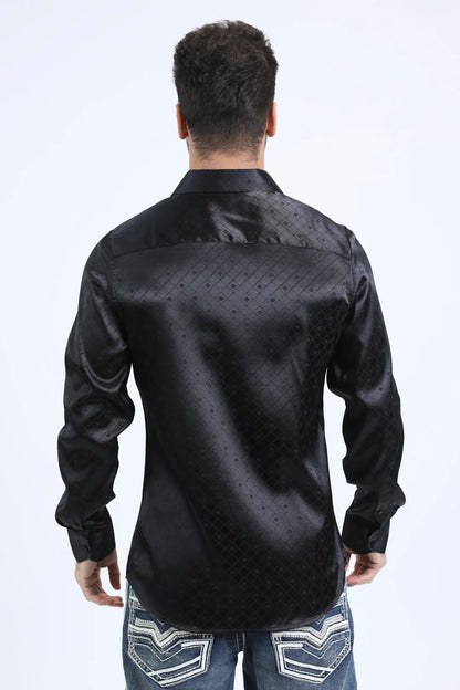 Platini Men’s Jacquard Fabric Print Modern Fit LS Black Shirt