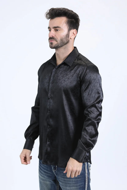 Platini Men’s Jacquard Fabric Print Modern Fit LS Black Shirt