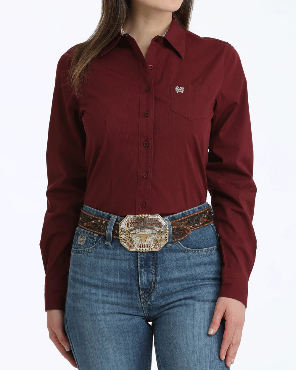 Cinch Womens Stripe Burgundy Button Down Shirt MSW9164262