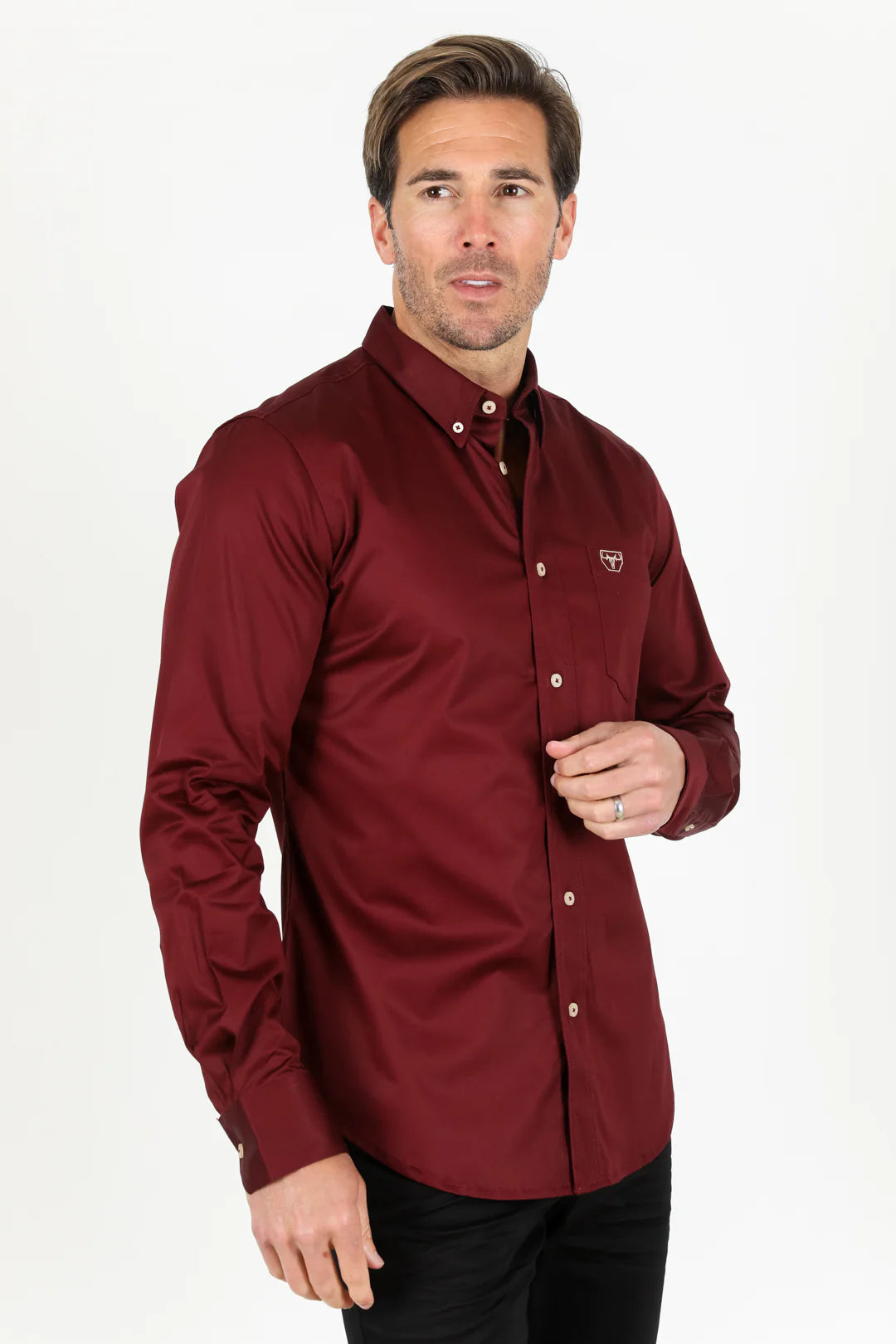 Platini Men’s Single Pocket Logo Modern Fit Stretch Shirt Burgundy