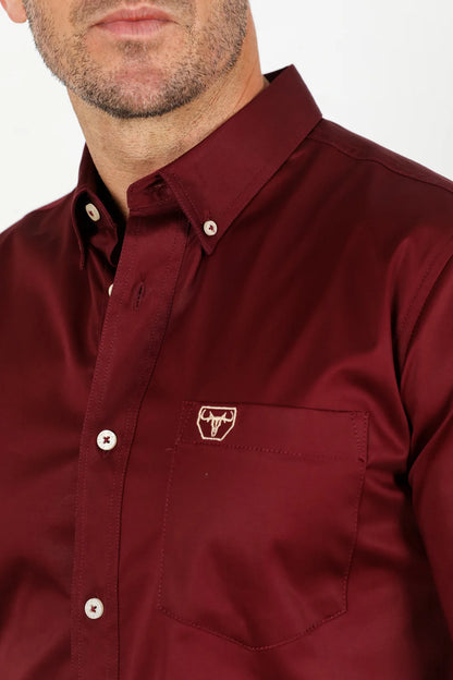Platini Men’s Single Pocket Logo Modern Fit Stretch Shirt Burgundy