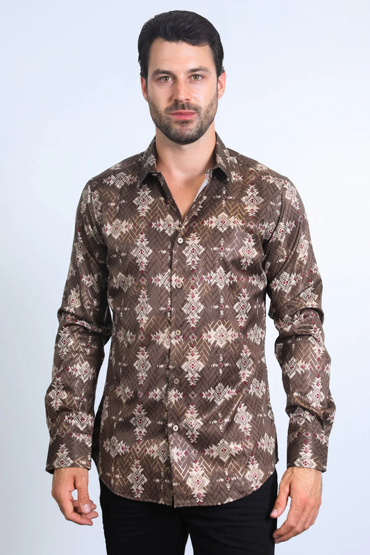 Platini Men’s Modern Fit Stretch Foil Fashion Brown Shirt