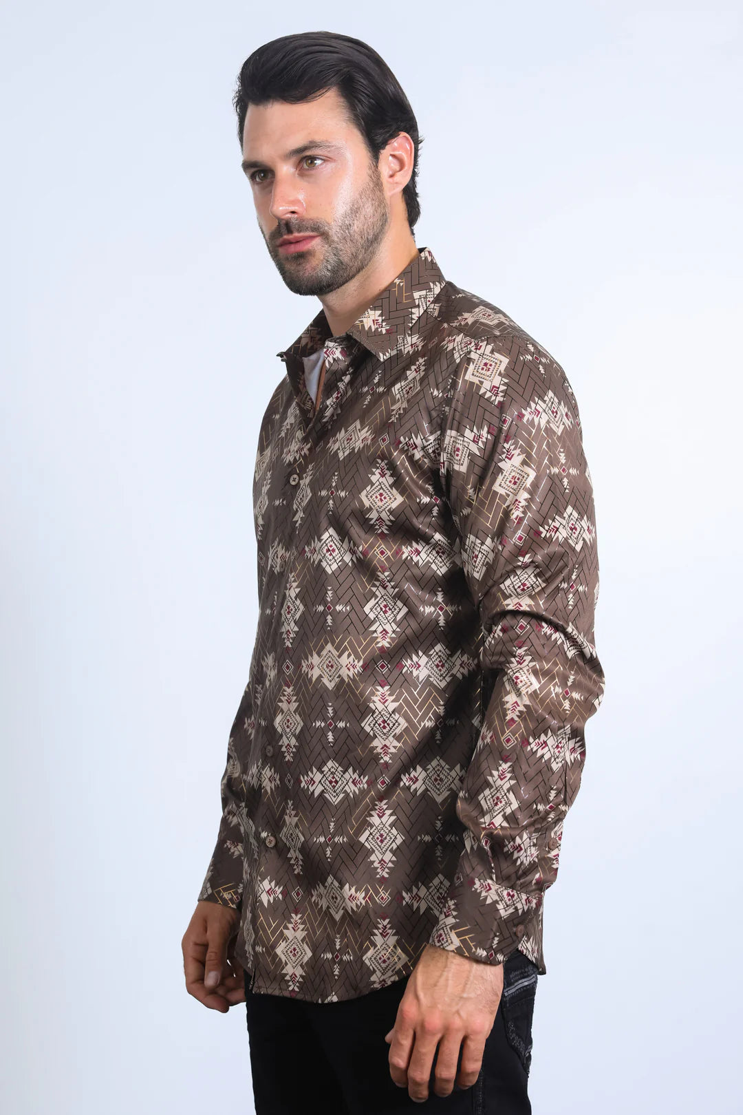 Platini Men’s Modern Fit Stretch Foil Fashion Brown Shirt