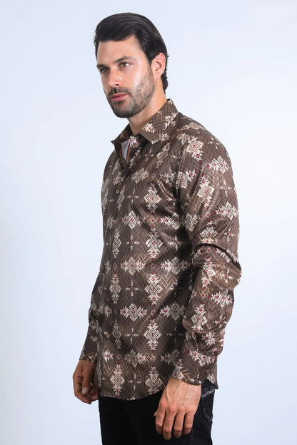 Platini Men’s Modern Fit Stretch Foil Fashion Brown Shirt