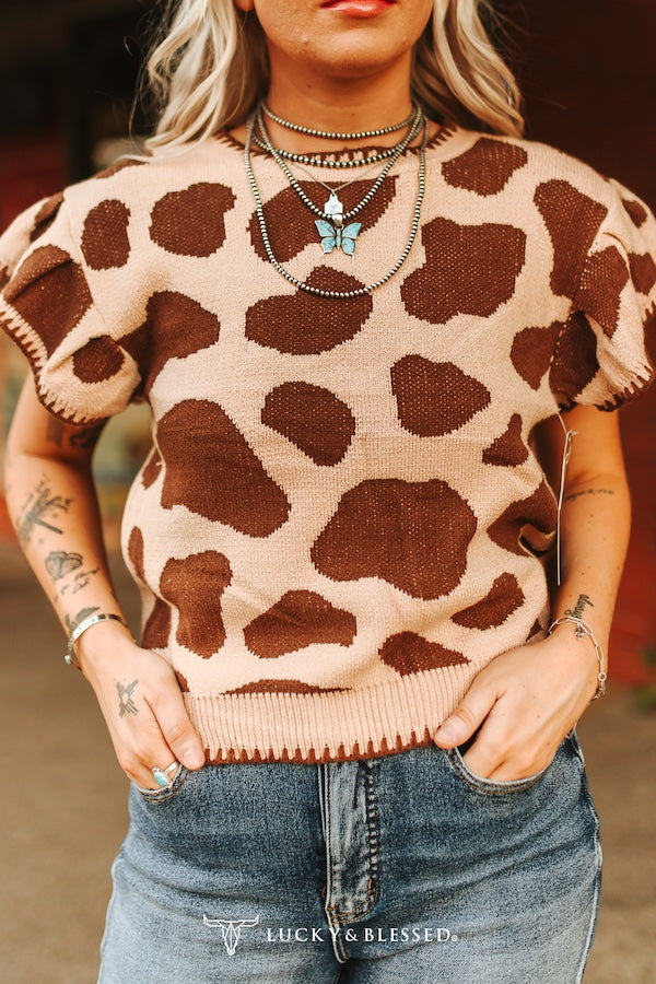 Lucky & Blessed Brown Cow Printed SS Sweatshirt Top TO1231-COW