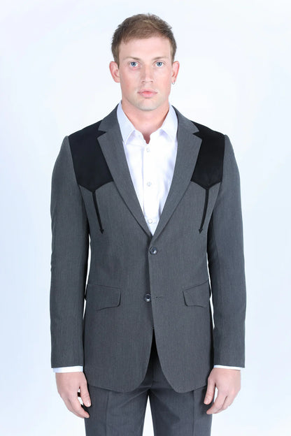 Platini Men's Western Suit Sport Coat with Suede Yokes and Elbow Patches Charcoal