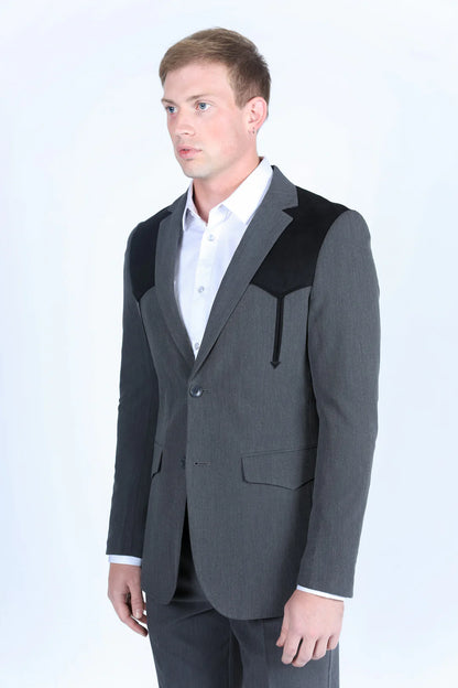 Platini Men's Western Suit Sport Coat with Suede Yokes and Elbow Patches Charcoal