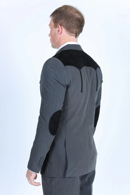 Platini Men's Western Suit Sport Coat with Suede Yokes and Elbow Patches Charcoal