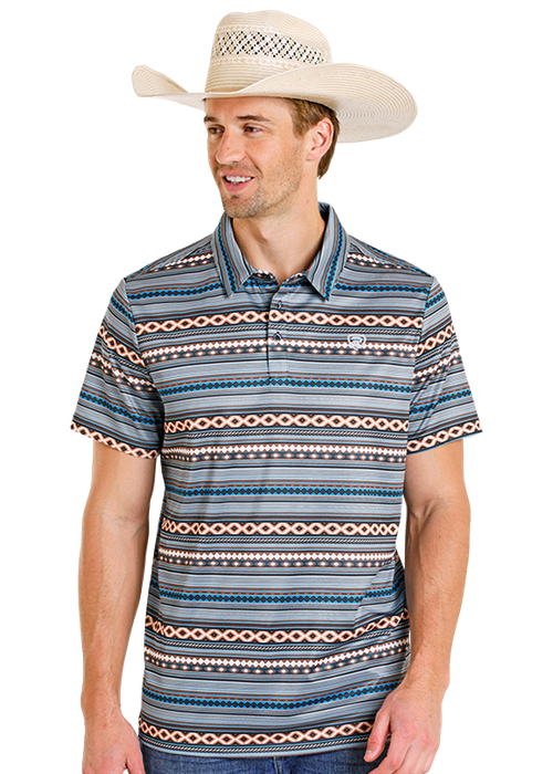 Rock & Roll Denim Teal Aztec Stripe Short Sleeve Polo BM51T08346