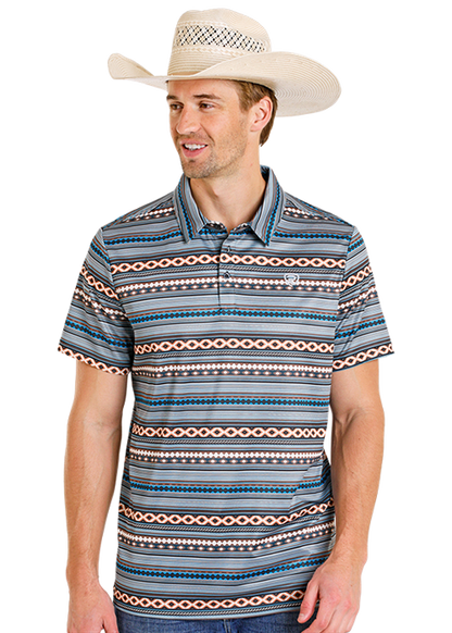 Rock & Roll Denim Teal Aztec Stripe Short Sleeve Polo BM51T08346