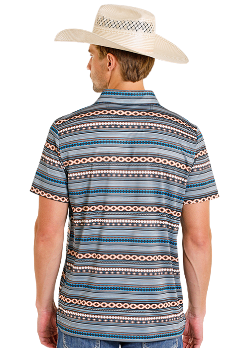 Rock & Roll Denim Teal Aztec Stripe Short Sleeve Polo BM51T08346