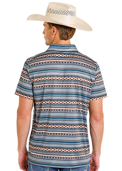 Rock & Roll Denim Teal Aztec Stripe Short Sleeve Polo BM51T08346