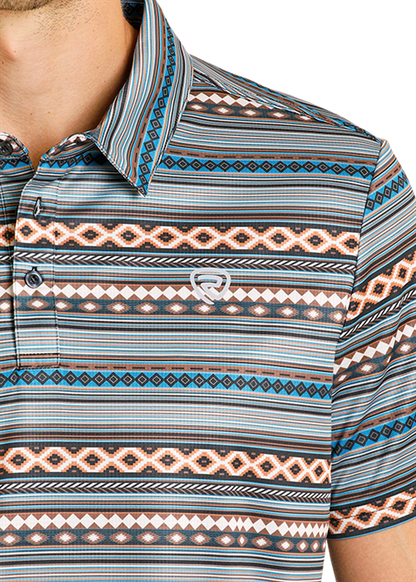 Rock & Roll Denim Teal Aztec Stripe Short Sleeve Polo BM51T08346