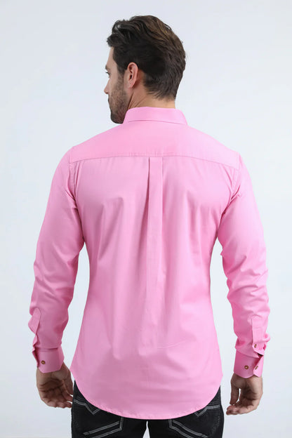 Platini Men’s Pocket Logo Modern Fit Stretch Hot Pink LS Shirt CTL11055