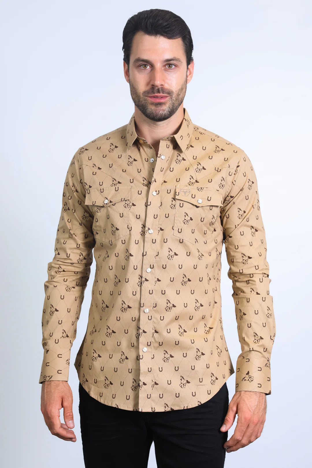 Platini Mens Western Modern Fit  LS Khaki Shirt with Snaps WPL10486