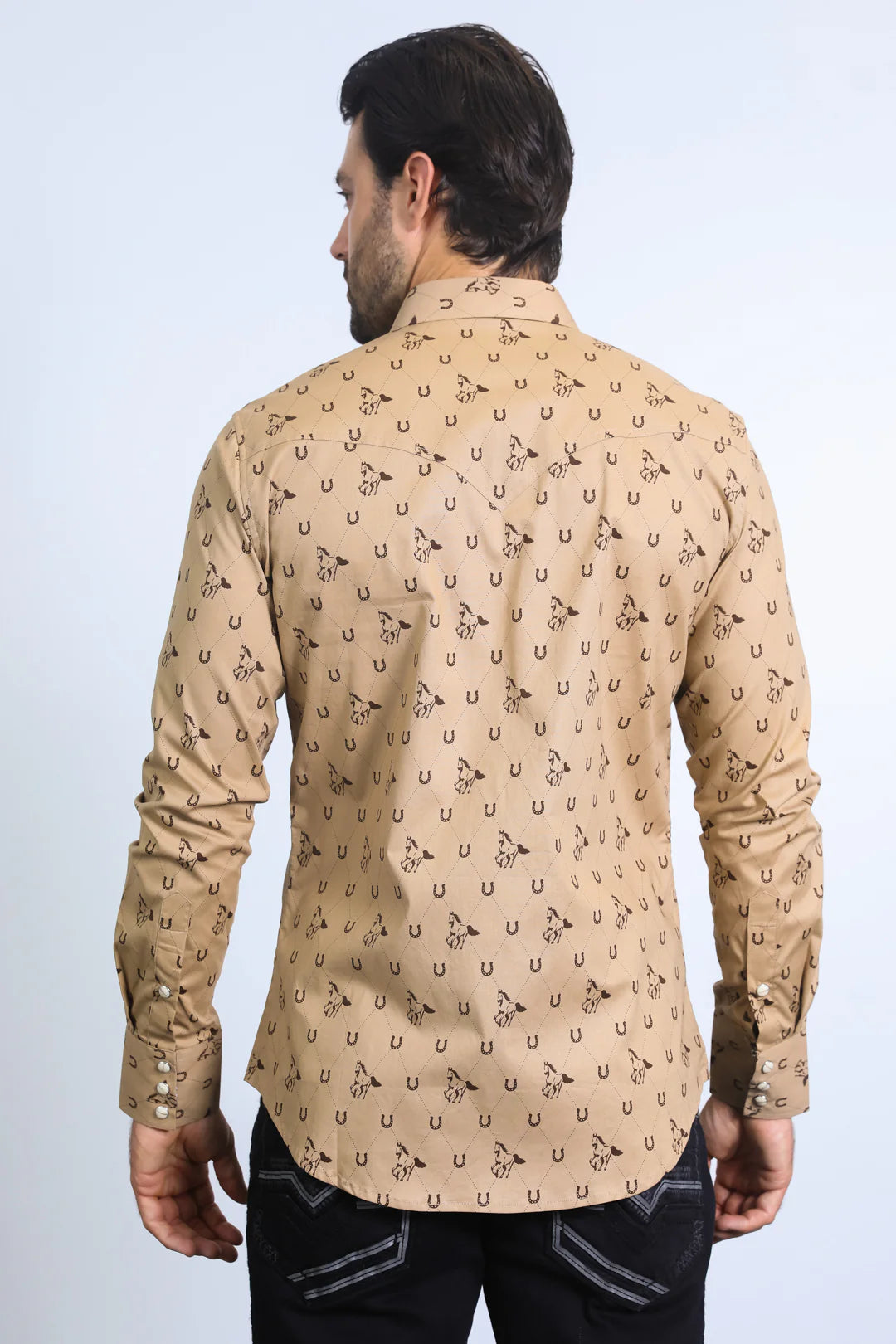 Platini Mens Western Modern Fit  LS Khaki Shirt with Snaps WPL10486