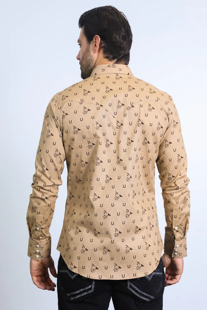 Platini Mens Western Modern Fit  LS Khaki Shirt with Snaps WPL10486