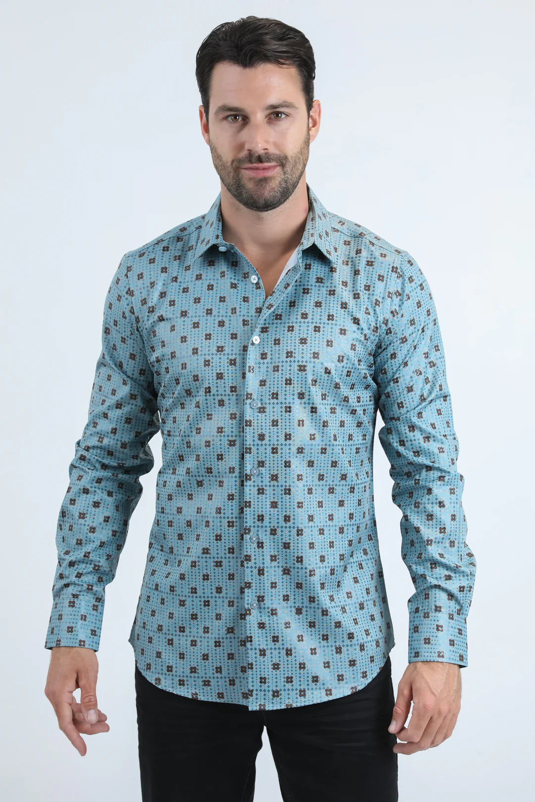 Platini Mens Modern Fit Stretch Foil Fashion Blue Shirt FPL10959