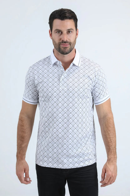 Platini Mens Modern Fit Stretch Cotton White Polo with Aztec Print AZP10992