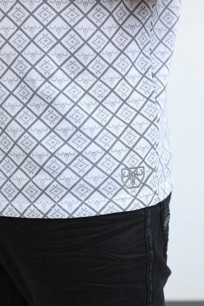 Platini Mens Modern Fit Stretch Cotton White Polo with Aztec Print AZP10992