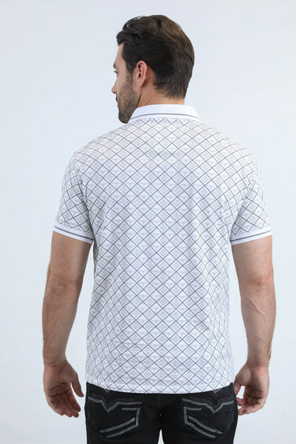 Platini Mens Modern Fit Stretch Cotton White Polo with Aztec Print AZP10992