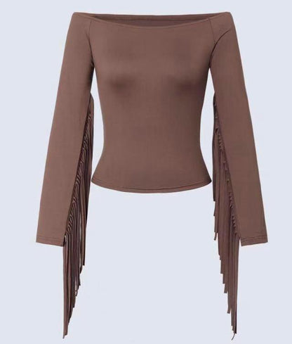 Rosa Clothing One-Shoulder Long-Sleeve Crop Fringe Top RCWJ05402