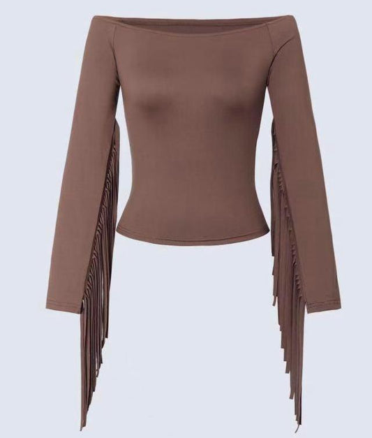 Rosa Clothing One-Shoulder Long-Sleeve Crop Fringe Top RCWJ05402