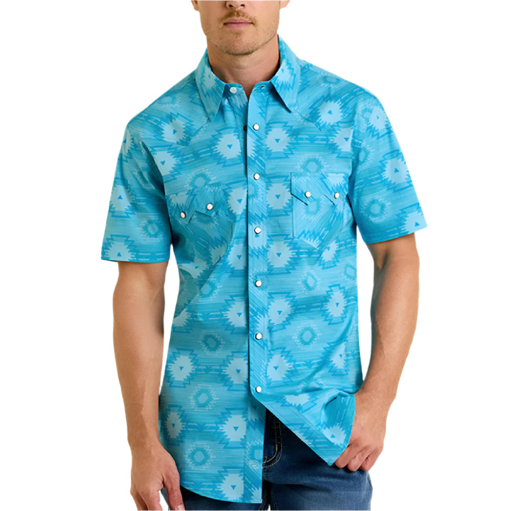 Rock&Roll Denim Men’s Aztec Print SS Snap Turquoise