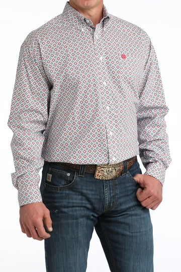 Cinch Men’s White Geo Print Stretch Long Sleeve Shirt MTW1106055