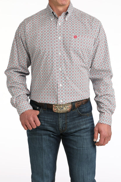 Cinch Men’s White Geo Print Stretch Long Sleeve Shirt MTW1106055