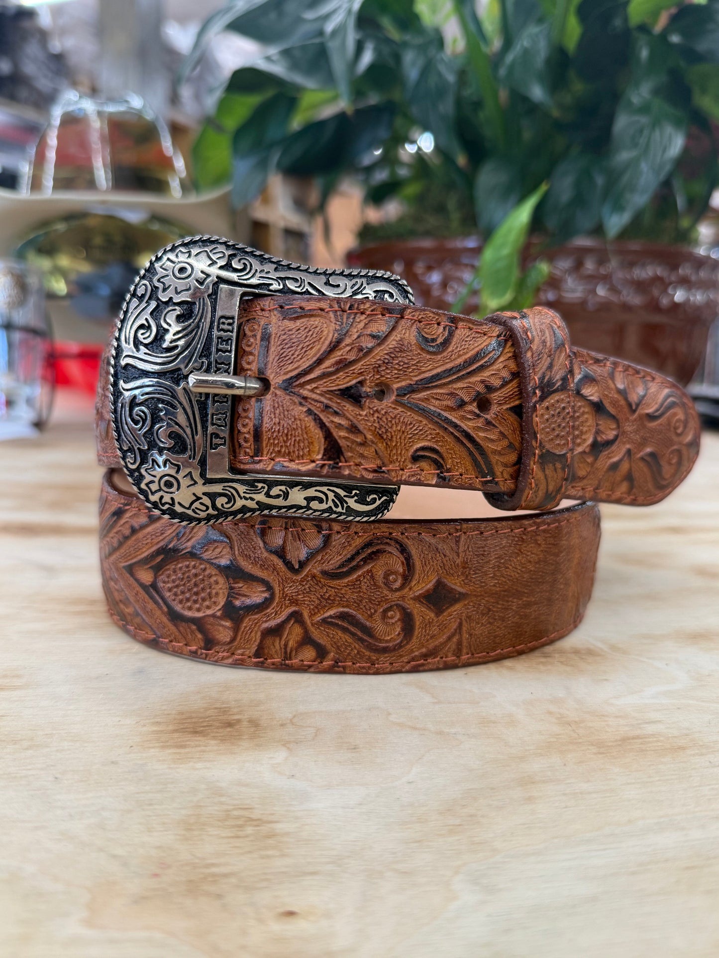 Tanner Mark Cognac Print Hand Tooled Men’s Belt