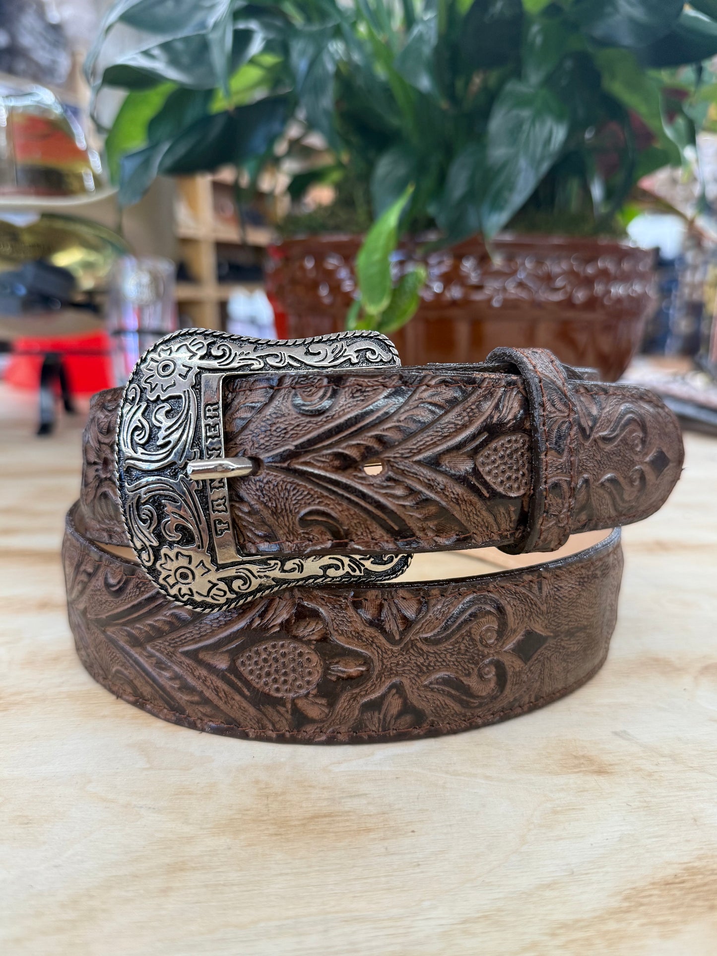 Tanner Mark Brown Print Hand Tooled Men’s Belt