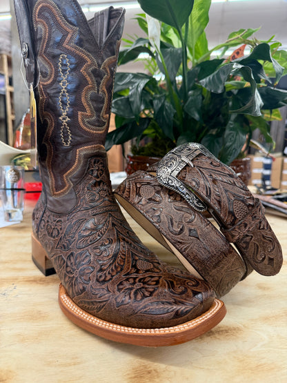 Tanner Mark Brown Print Hand Tooled Men’s Belt