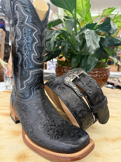 Tanner Mark Black Print Hand Tooled Men’s Belt