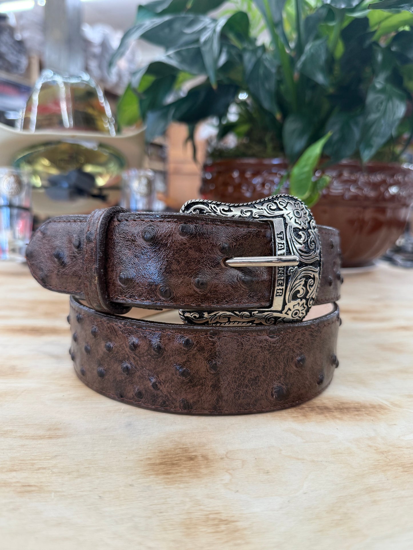 Tanner Mark Brown Print Ostrich Rustic Men’s Belt TMB200960