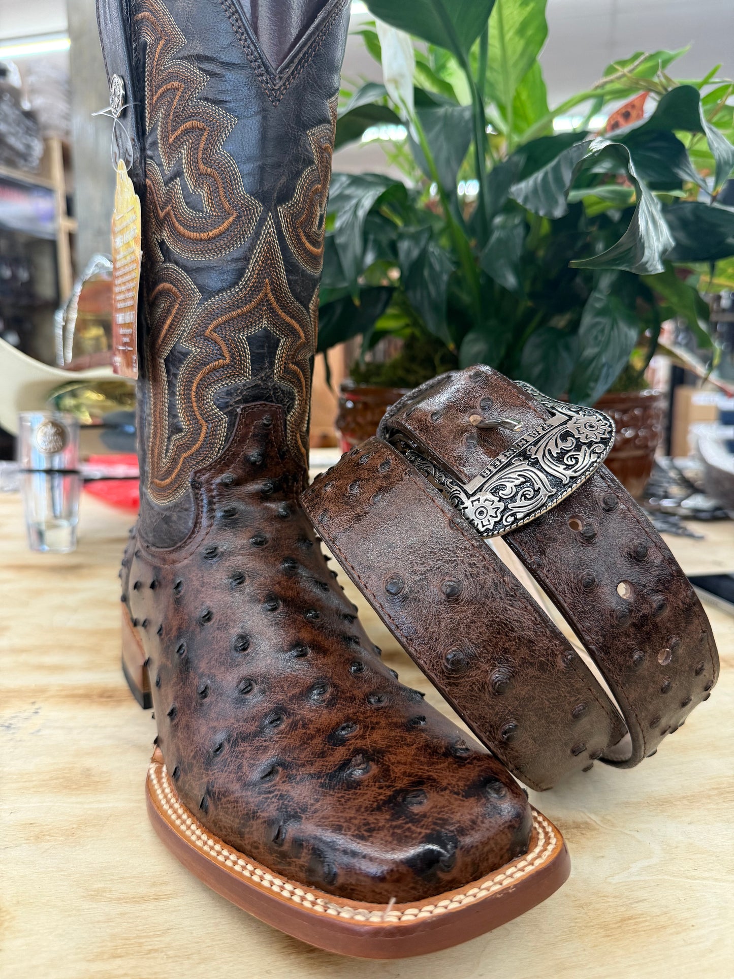 Tanner Mark Brown Print Ostrich Rustic Men’s Belt TMB200960