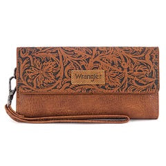 Wrangler Western Floral Tooled Tri-fold RFID Wallet/Wristlet Brown WG196-W056BR