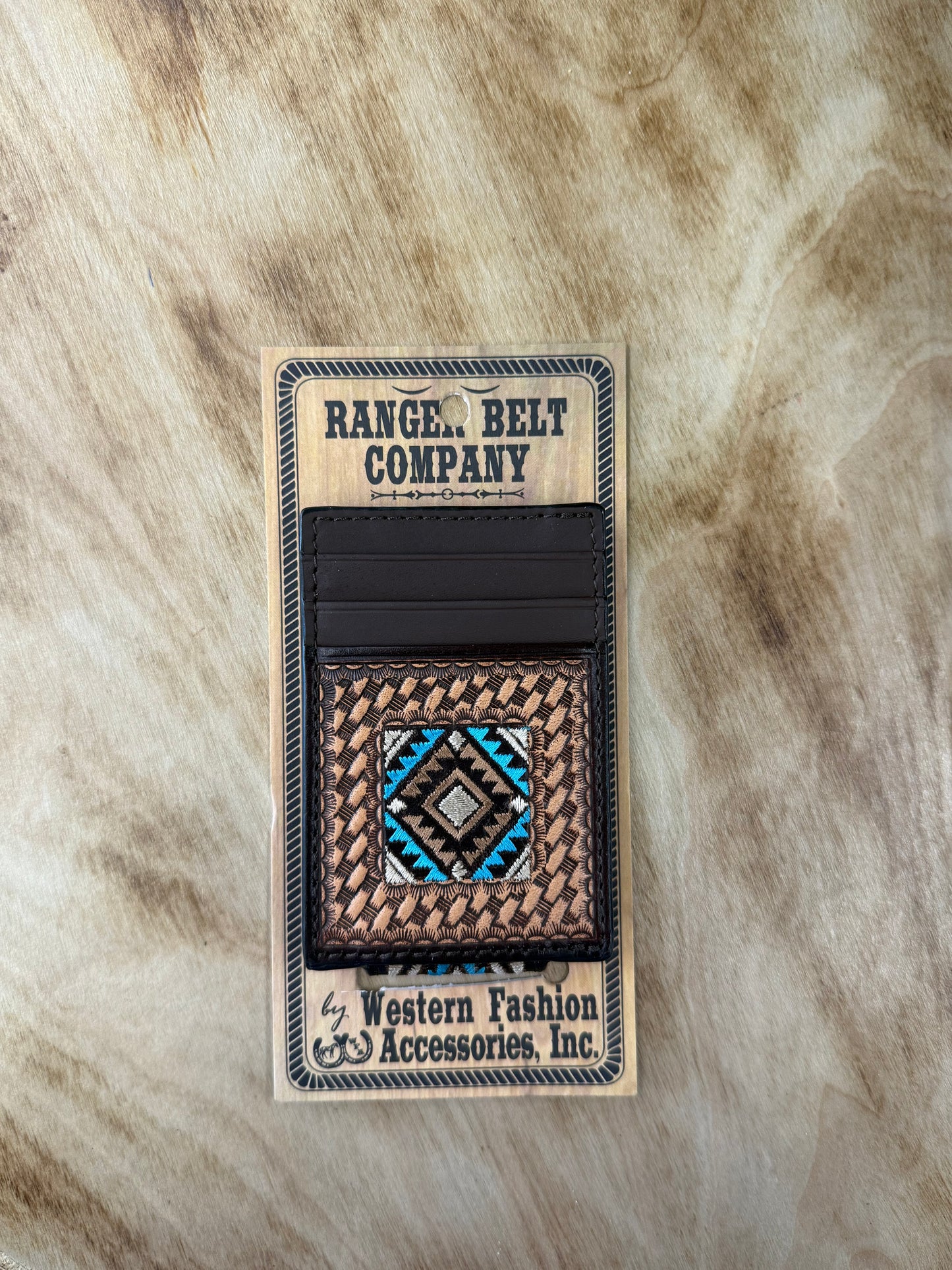 Circle SH Money Clip Blue Aztec Embroidery Basket Tooling & TT Finish