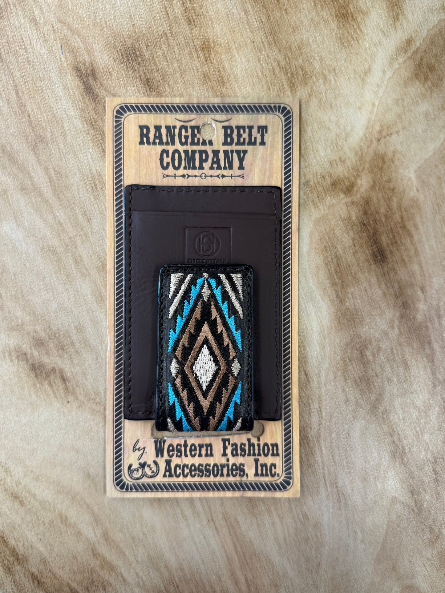 Circle SH Money Clip Blue Aztec Embroidery Basket Tooling & TT Finish