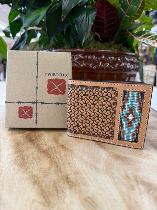 Twisted X Bi Fold Wallet W/Tooling TT Finish & Aztec Beads Inlay